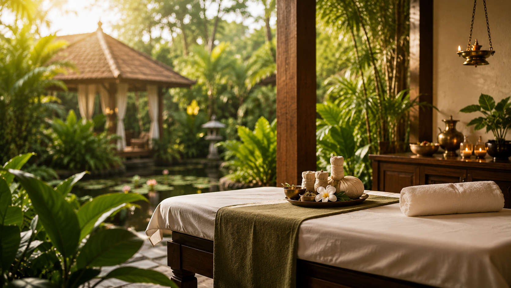Ayurvedic treatment room with singing bowls